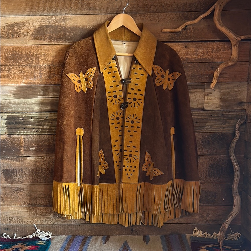 Vintage Leather Poncho with Butterfly Details